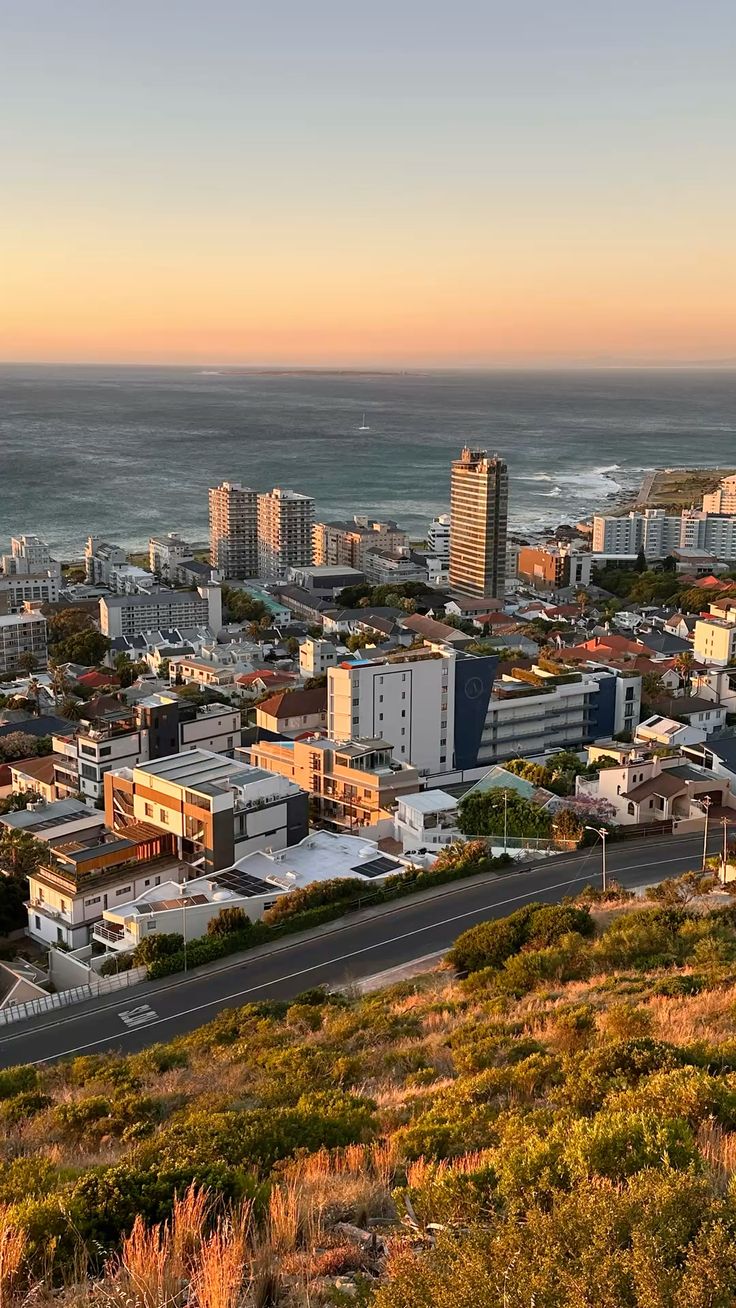 Aerial view of Cape Town coastline at Sea Point during golden hour
