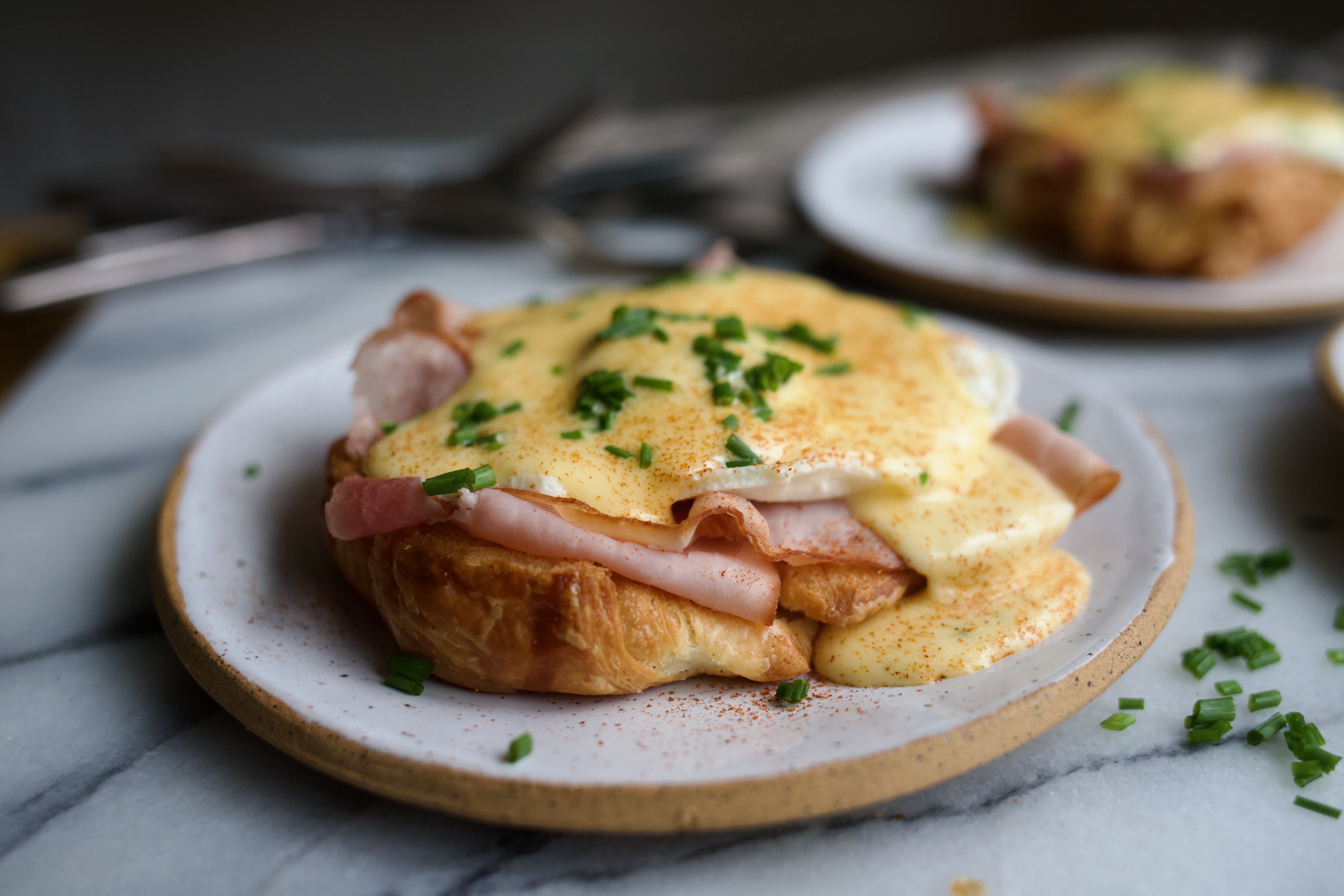 A golden croissant benedict — Cooking and Nourishment